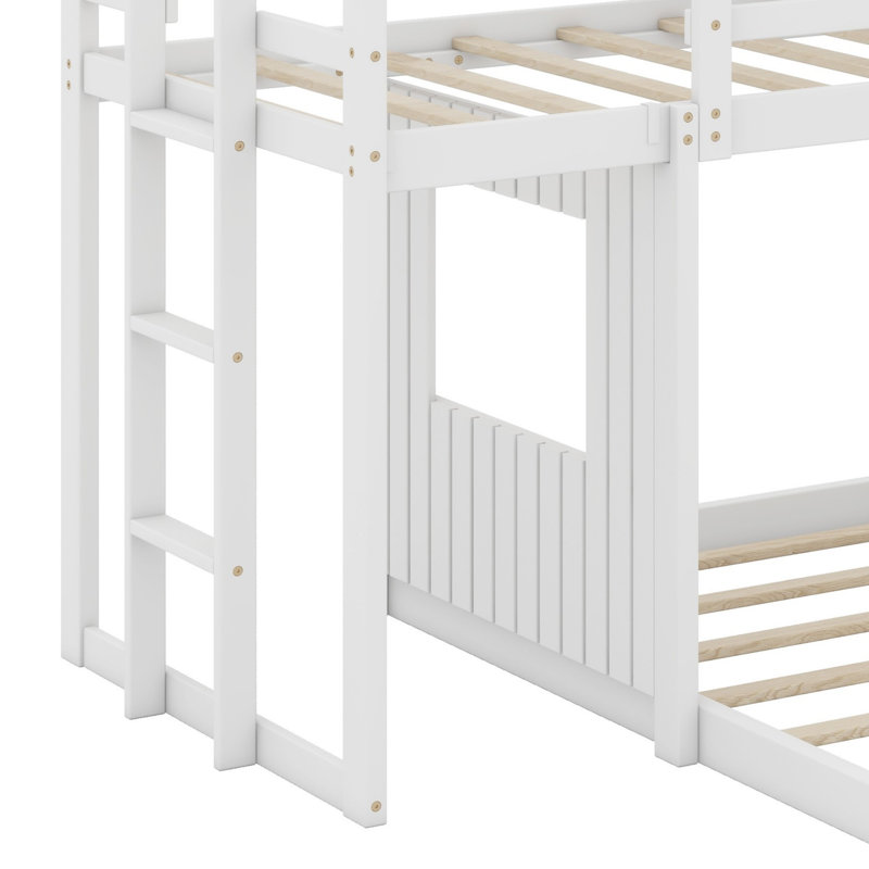 Lit superposé en bois, lit mezzanine avec maisonnette, maison de campagne, échelle et garde-corps, blanc
