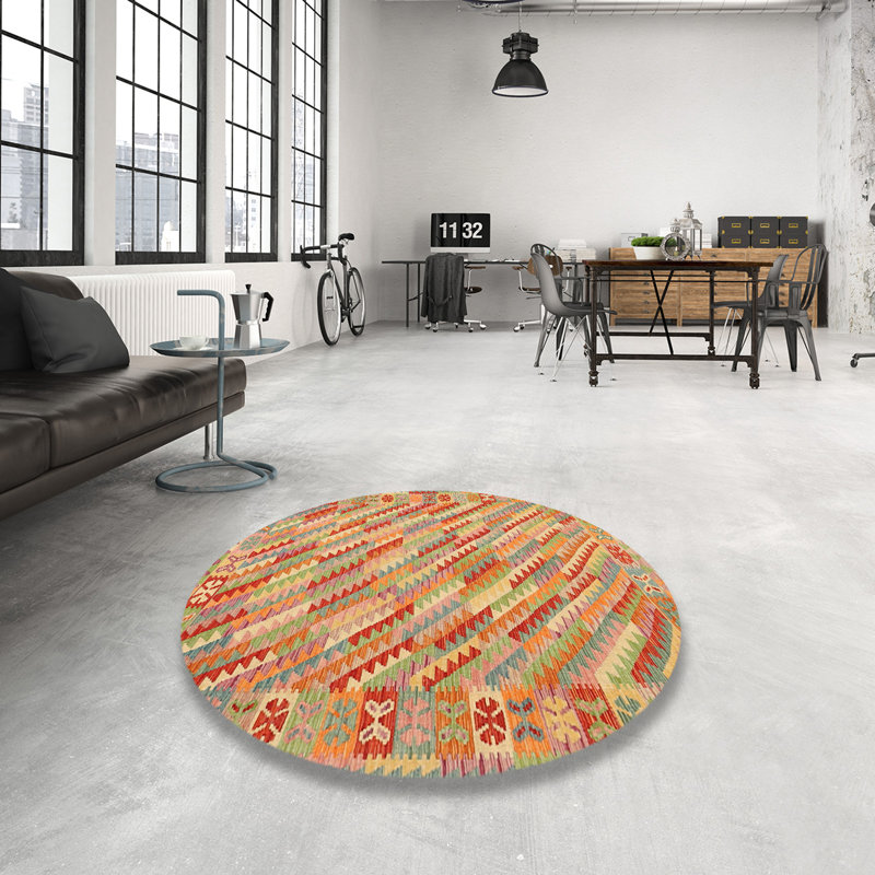 Tapis de zone rouge/orange/vert contemporaine, Rond 7 pi x 7 pi
