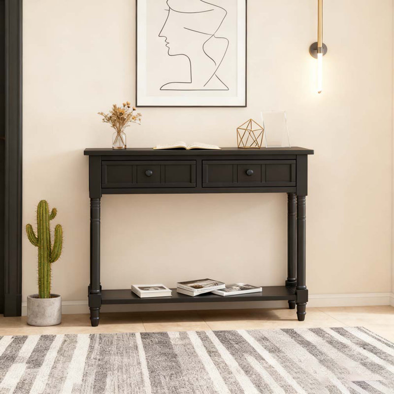 Console de style traditionnel avec deux tiroirs et une tablette inférieure, Noir