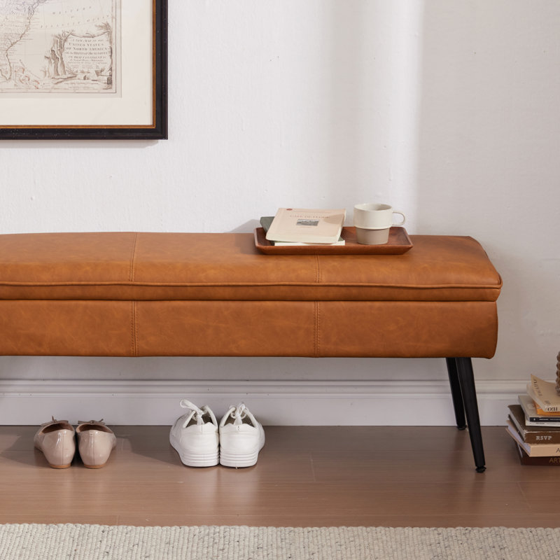 Faux Leather Upholstered Storage Bench Ottoman, Cognac Brown