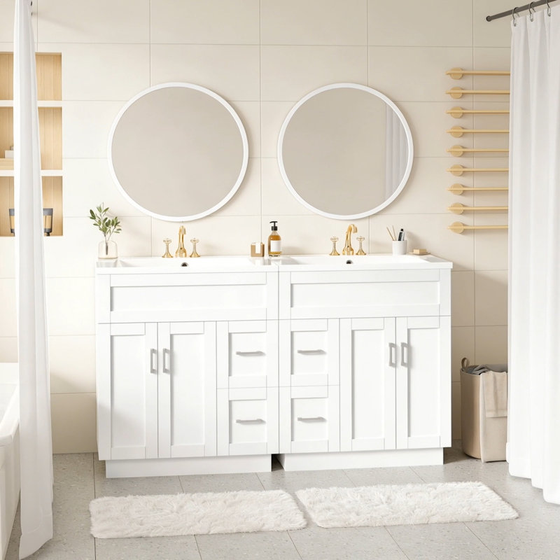 Meuble-lavabo de 60 po avec 4 portes d'armoire, 4 tiroirs, 2 tablettes réglables, deux lavabos en résine SMC, des tiroirs cachés à fermeture en douceur et des charnières à fermeture en douceur