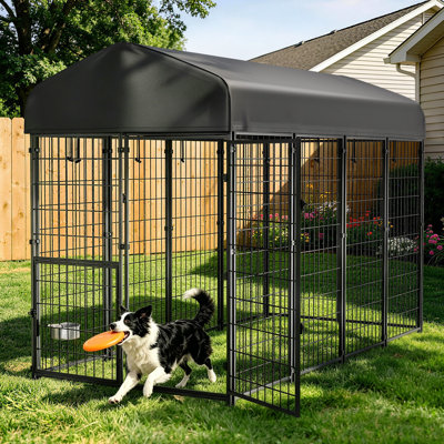 Outdoor Dog Kennel with Roof, Food & Water Feeder Door, Large Dog Run Pen for Outside, Heavy Duty Metal Dog Cage Enclosure, Playpen Fence