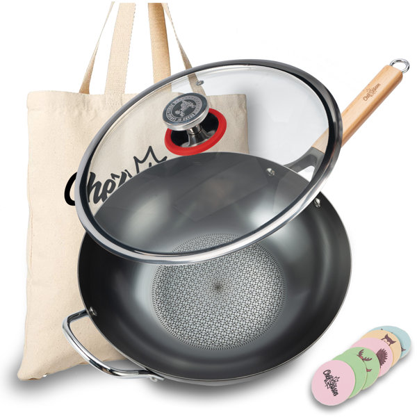 ChefSeason Classic Cast Iron Frying Wok with Wooden Handle & Lid