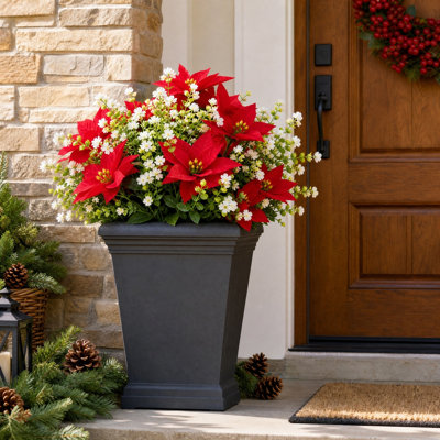 Artificial Poinsettia Bouquet Set, 14.2 Inch Faux Red Poinsettia Bushes(8Pcs) &13.7 Inch White Green Filler Flower Bushes(4Pcs), Fake Christmas Floral Picks for Vase Fillers Xmas Home Table Fireplace Decor, Vase Not Included