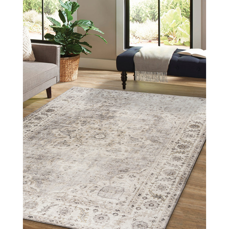 Lefkothea Joy Vintage Machine Washable Area Rug, Beige Ivory, Rectangle 6' x 8'