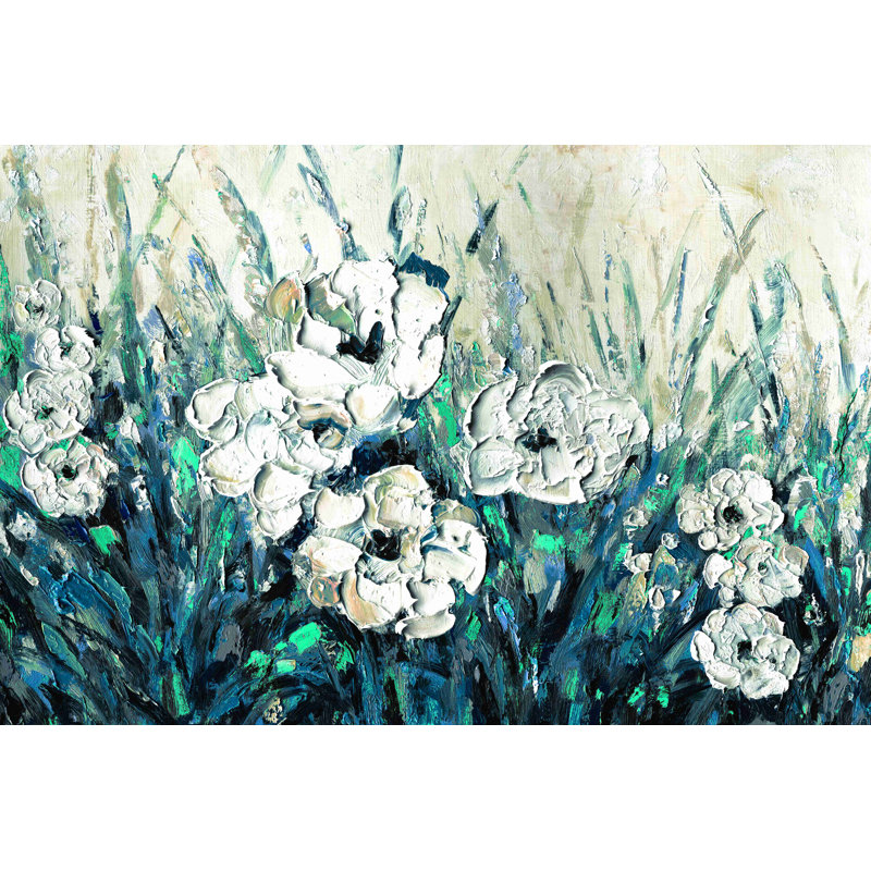 «Blue and White Flowers Impasto», peinture sur toile tendue, H 32 po x l 48 po