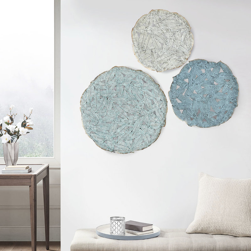 Textured Feather Metal Disc Wall Art In Blue - 3, 20", 17.25", 14.25" , Indoor Decoration Object Blue, 3 , Decor