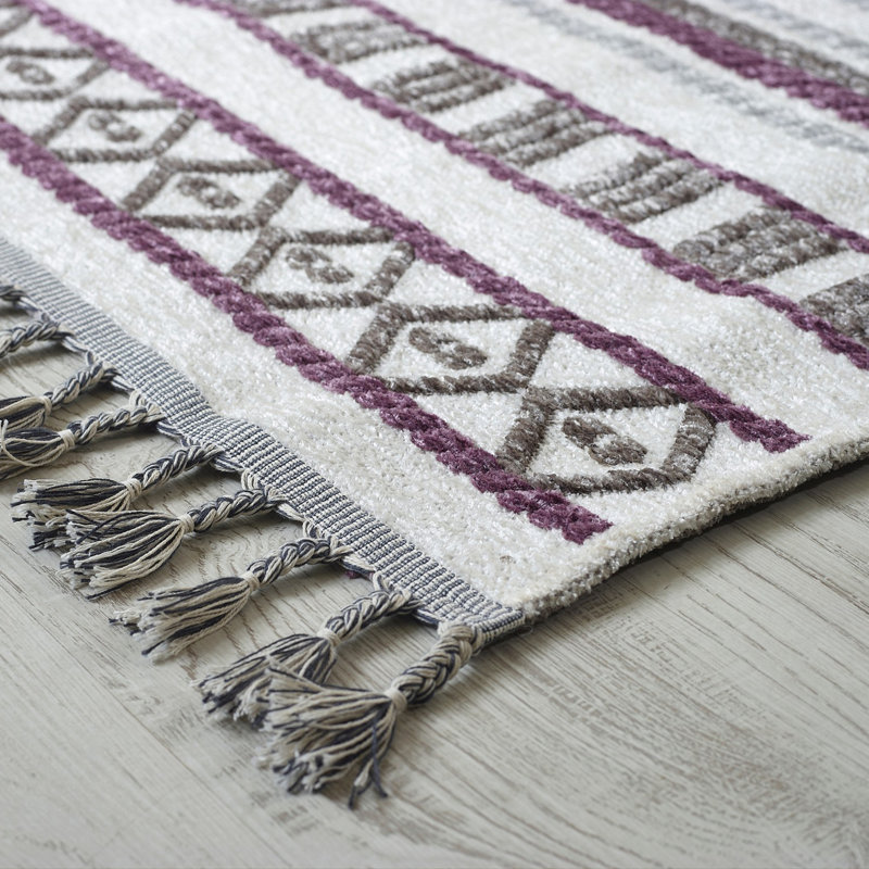 Tapis marocain en coton kilim gris clair / mauve Quintara, Rectangle 6 pi 7 po x 9 pi 6 po