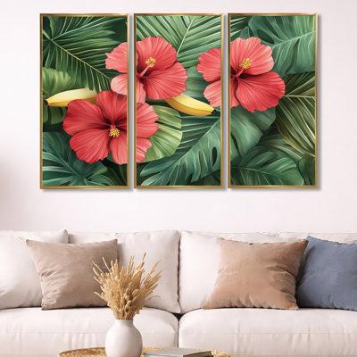 Hibiscus Wall Art, Tropical Flower Canvas - Tropical Hibiscus And Palms 3 Piece Framed Canvas Wall Art Set Modern Tropical Decor