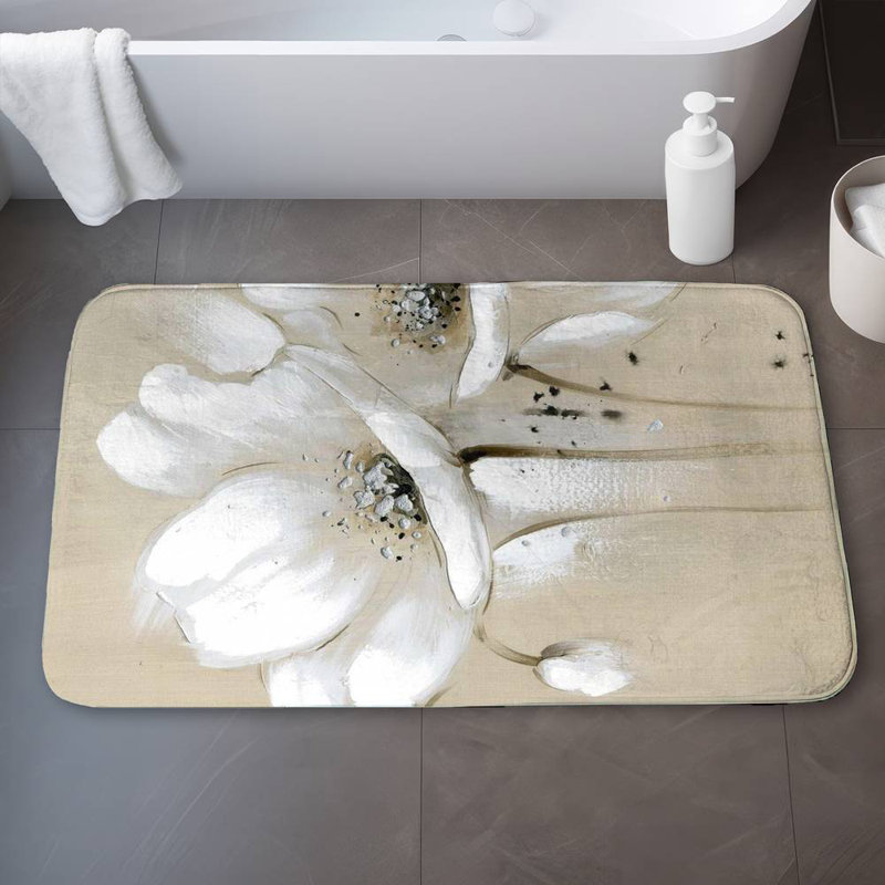 White abstract wild flowers Bath Mat with Non-Slip Backing - Quick Dry Memory Foam Bathroom Rug - Absorbent - Modern Plush Spa-Style - Machine Washable