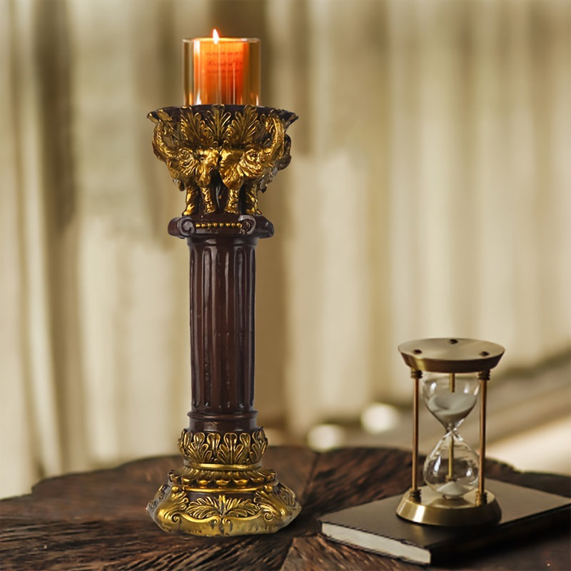 Vintage European Elephant Roman Column Resin Candle Holder Set of 2 (10.3" Tall) – Home Table Wedding Decor Sculpture