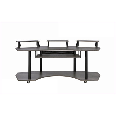 Bureaux | Bureau pour studio de musique 83 po, finition chêne noir avec rangement pour clavier et amp; Roulettes | Chêne foncé | Bois synthétique