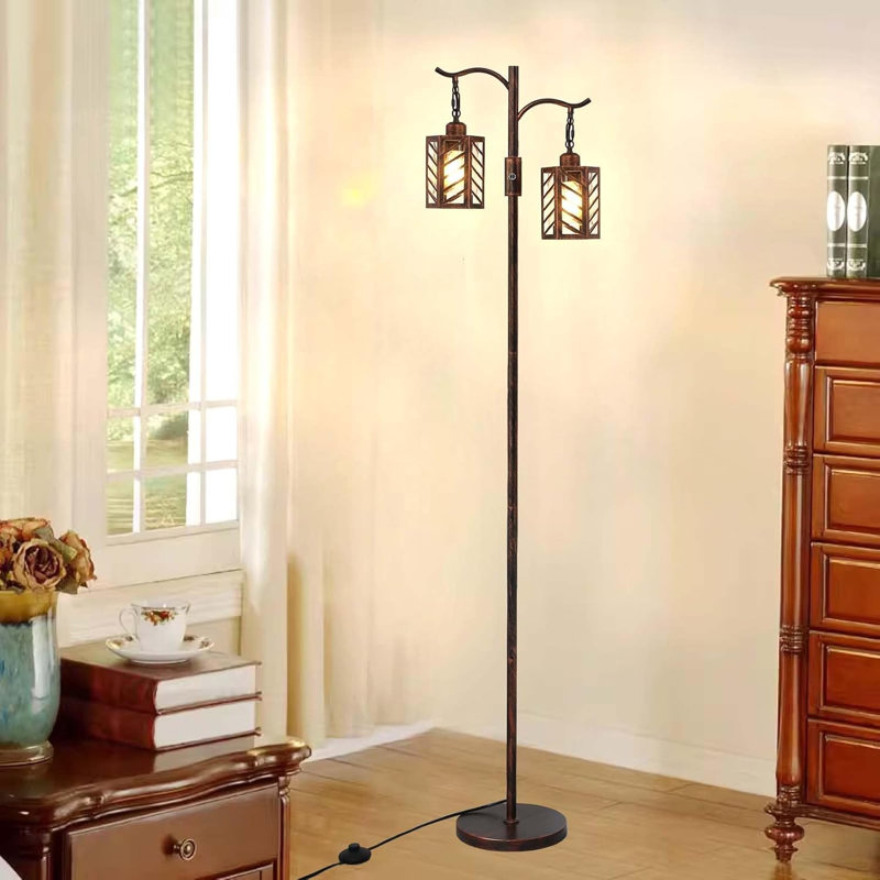 Vintage Industrial Dimmable Floor Lamp With 2 Lantern Shades, Rustic Farmhouse Lamp For Living Room, Bronze Gold