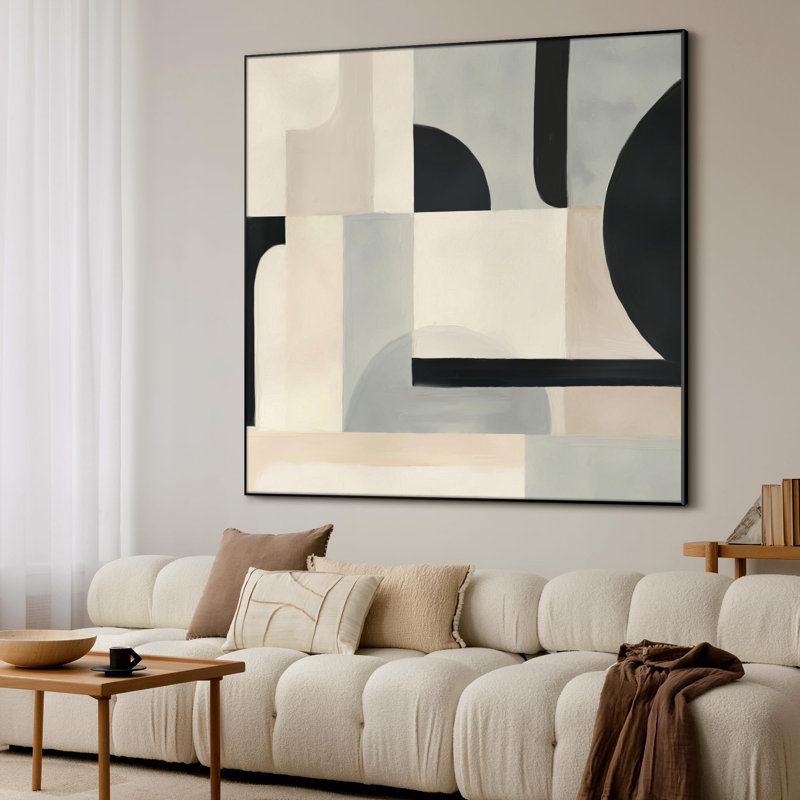 Très grande reproduction d'art sur tissu - formes géométriques neutres, décor abstrait pour le salon ou la chambre à coucher - «Assemblage requis du cadre (cadre non fini)»