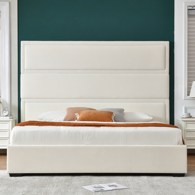 Upholstered Platform Bed With 2 Storage Drawers, Tall Vertical Channel Tufted Headboard, Solid Wood Slat Support, No Box Spring Needed