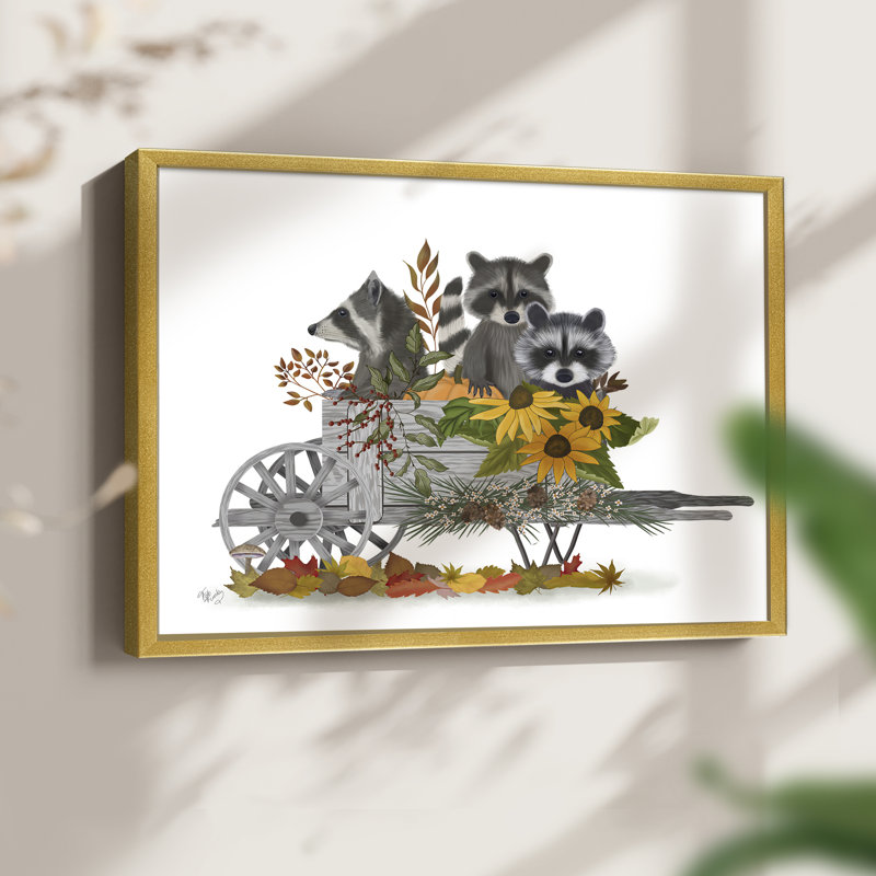 Brouette raton laveur - reproduction encadrée - réarmable, H 16 po x l 20 po, Doré