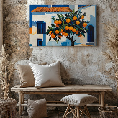 Toile orangée méditerranéenne sur toile, scène de rue avec art mural blanc délavé