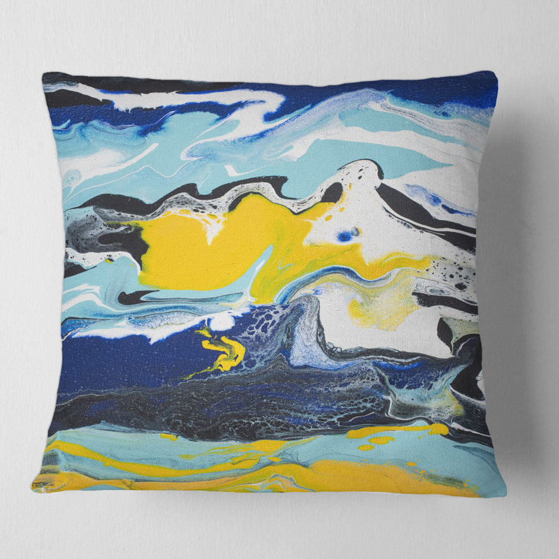 Composition abstraite de marbre jaune et bleu II - coussin moderne imprimé, 16" x 16"