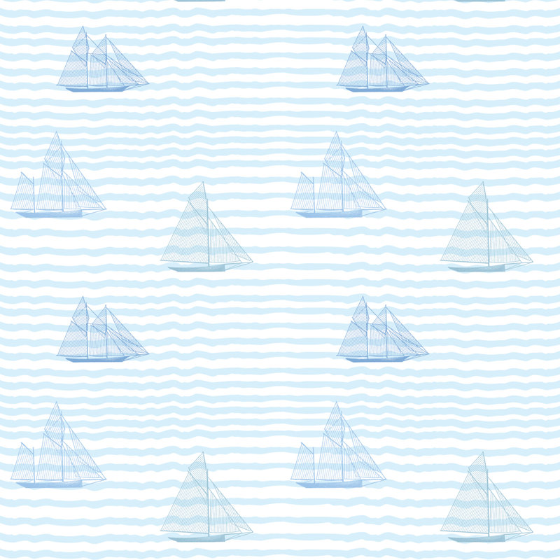 Kids Sailboats 10' L x 24" W Peel and Stick Wallpaper Tile, Blue, Paper, Non-pasted