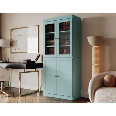 100% Solid Wood 6-Shelf Bookcase, Shaker & Clear Glass Doors, Adjustable Shelves, 32" Wide, 71.5" Tall