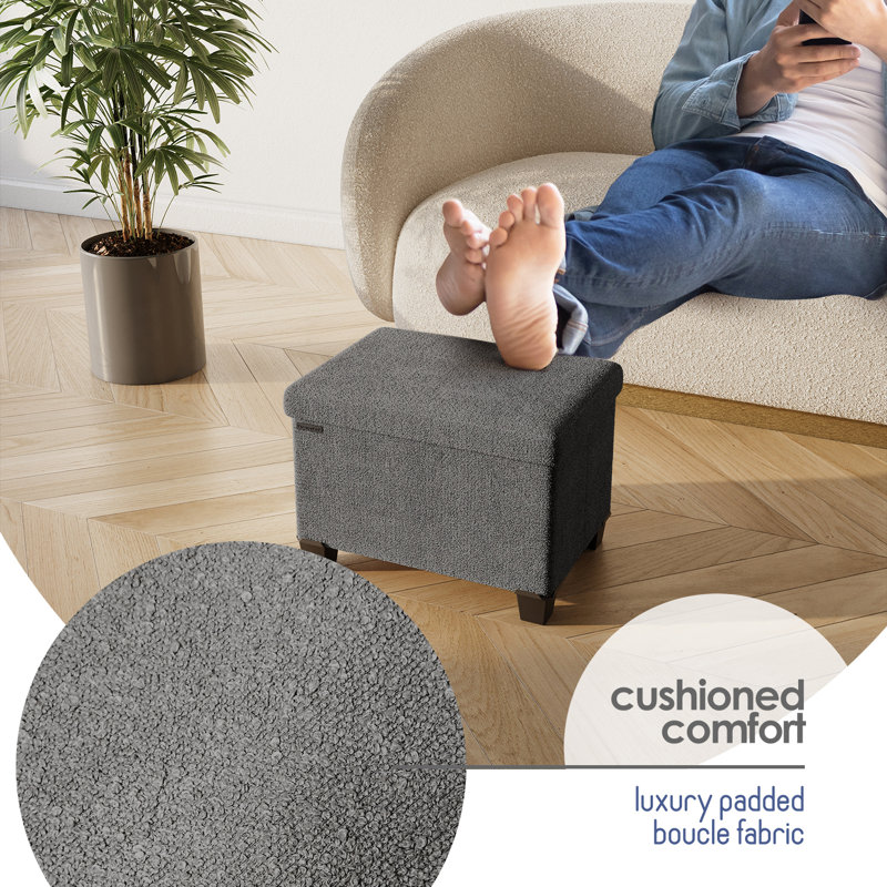 Vérrant Boucle Storage Ottoman Bench, Gray, 11.5"H x 16"W x 10.5"D