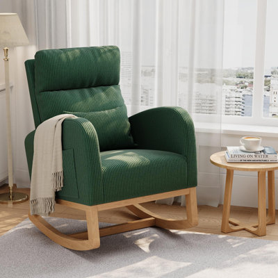 Soft Corduroy Upholstery Glider with Side Pockets & Matching Pillow, Modern Nursery Rocking Chair for Living Room or Bedroom, Green