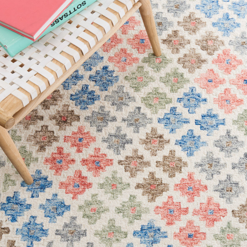 Tapis bleu / rouge en laine / coton / latex touffeté à la main Lukats, Rectangle 3 pi x 5 pi