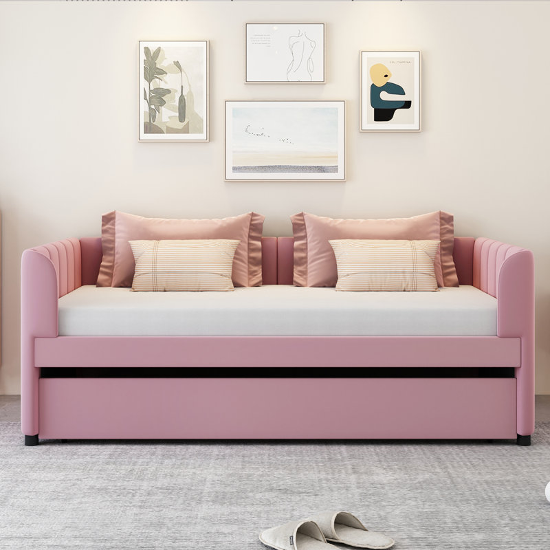Lit de jour rembourré avec lit gigogne ergonomique, Rose