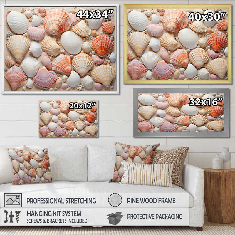Seashell Contemporary Collage, reproduction d'art sur toile, Cadre flottant noir, 12" H x 20" W