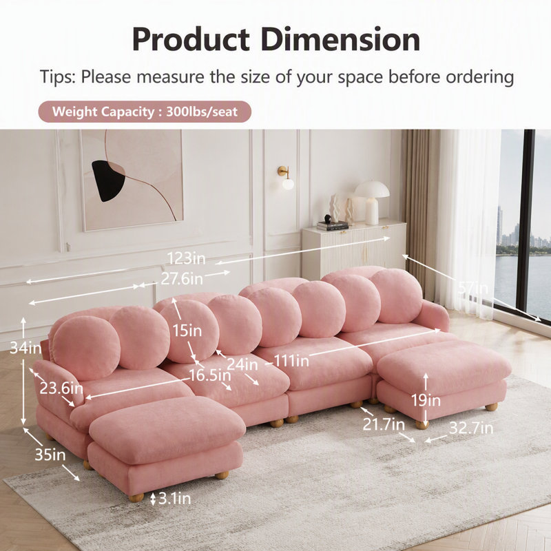 Canapé modulaire modulaire avec revêtement en chenille et repose-pieds mobile, Chenille rose