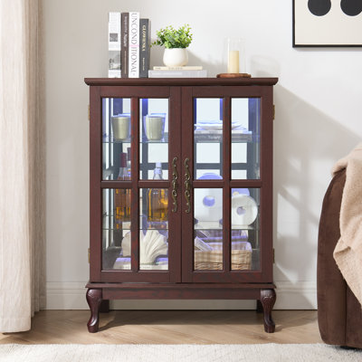 Armoire de rangement en verre avec bande lumineuse RVB en couleur et 2 tablettes réglables - Buffet à porte grillagée avec loquet magnétique pour salle à manger, salon, chambre à coucher