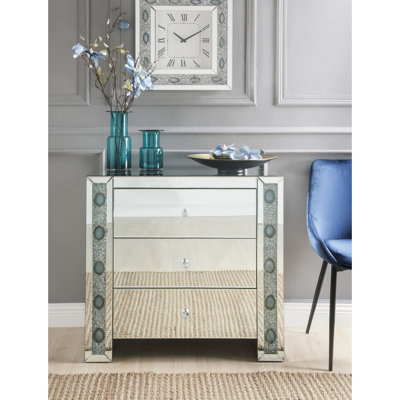Table d'appoint - Console à 3 tiroirs en miroir et en fausse agate, verre transparent, base traîneau, console à fermeture manuelle avec finition biseautée, pierres, quincaillerie en cristal