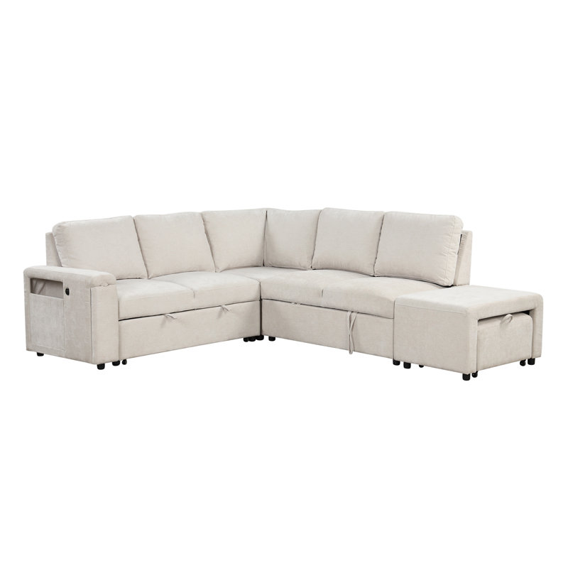 Canapé-lit escamotable en L avec rangement, Polyester beige