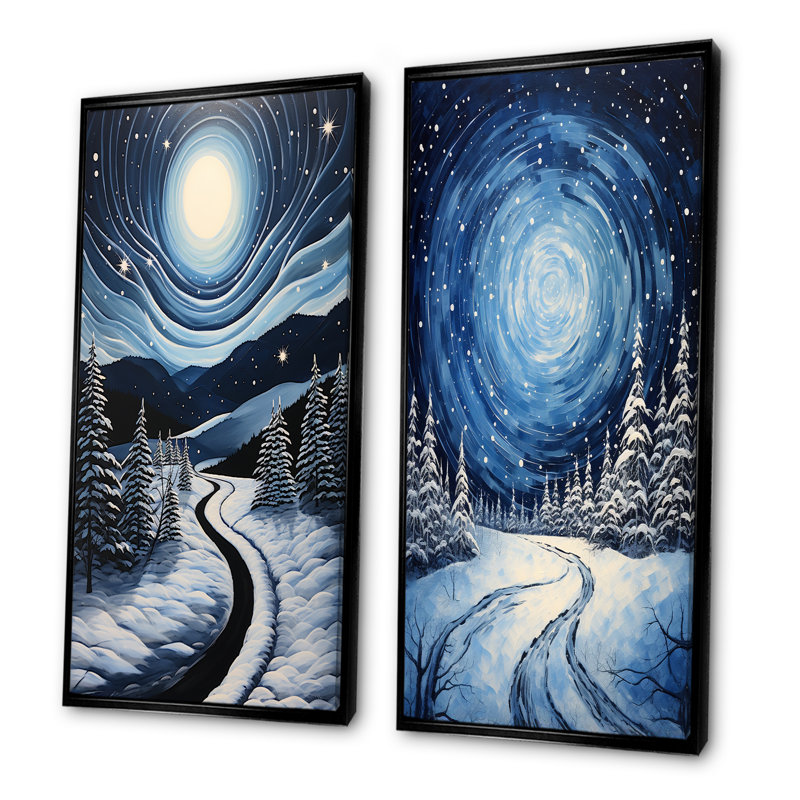 «Frosty Pathway Road Into Winter's Embrace I - Winter Road», ensemble de 2 reproductions d'art mural, Cadre flottant noir