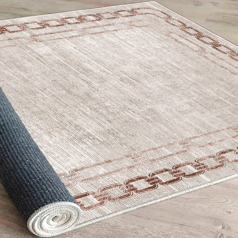 Wencil Luxurious Cotton Area Rug, 5.2 x 7.5 Feet | 100% Cotton, 1200 Grams/sq m, 0.4 in Pile Height | Antibacterial, Non-Slip PVC Underside, Machine Washable | Elegant Cream, Beige & Brown Design for Living Room & Bedroom