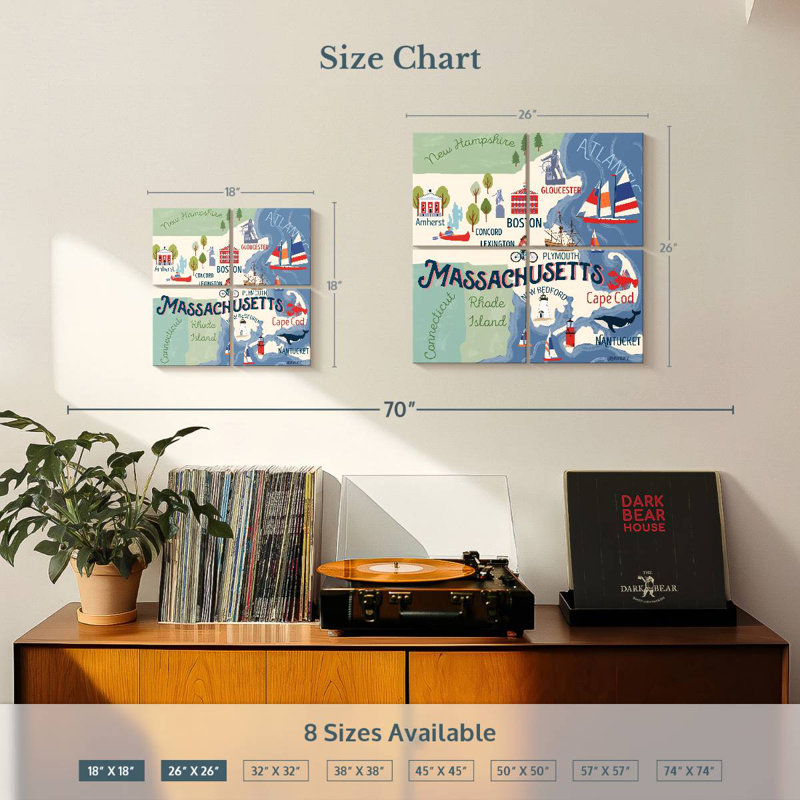 Aliaz State Maps - Massachusetts Attractions, 18" H x 18" W