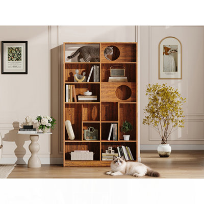 Modern 2 In 1 Wood Bookshelf  Cat House, Cat Tree Display Case With Storage, Cat Litter Box Enclosure Climbing Shelf - Brown