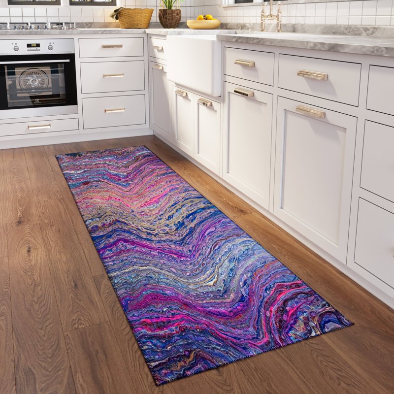 Tapis mauve / bleu abstrait tissé à la machine, Tapis de couloir 2 pi 3 po x 7 pi 6 po