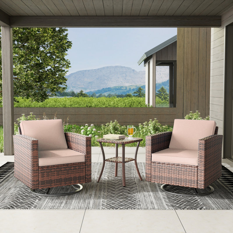 Kisner 3 Pieces Rocking Swivel Wicker Patio Chair With Cushions And Table, Beige