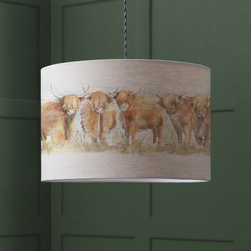 Highland Cattle Cotton Drum Lamp Shade ( Uno ) in Multicolour, 29cm H x 50cm W x 50cm D