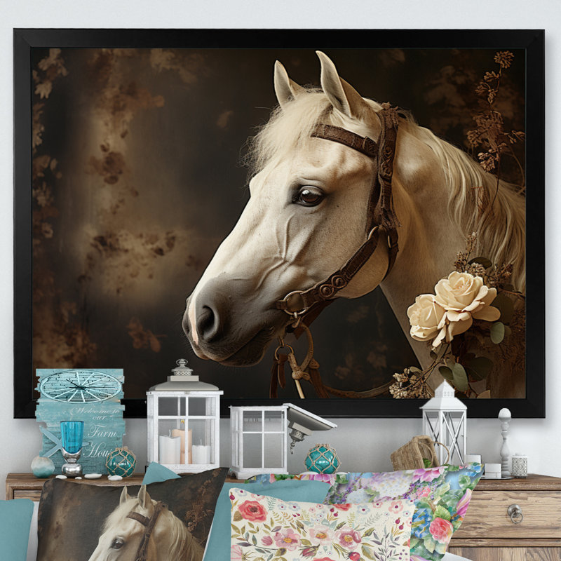 «White Beige Horse Majestic Duality» sur toile, H 16 po x l 32 po x P 1 po, Cadre photo noir