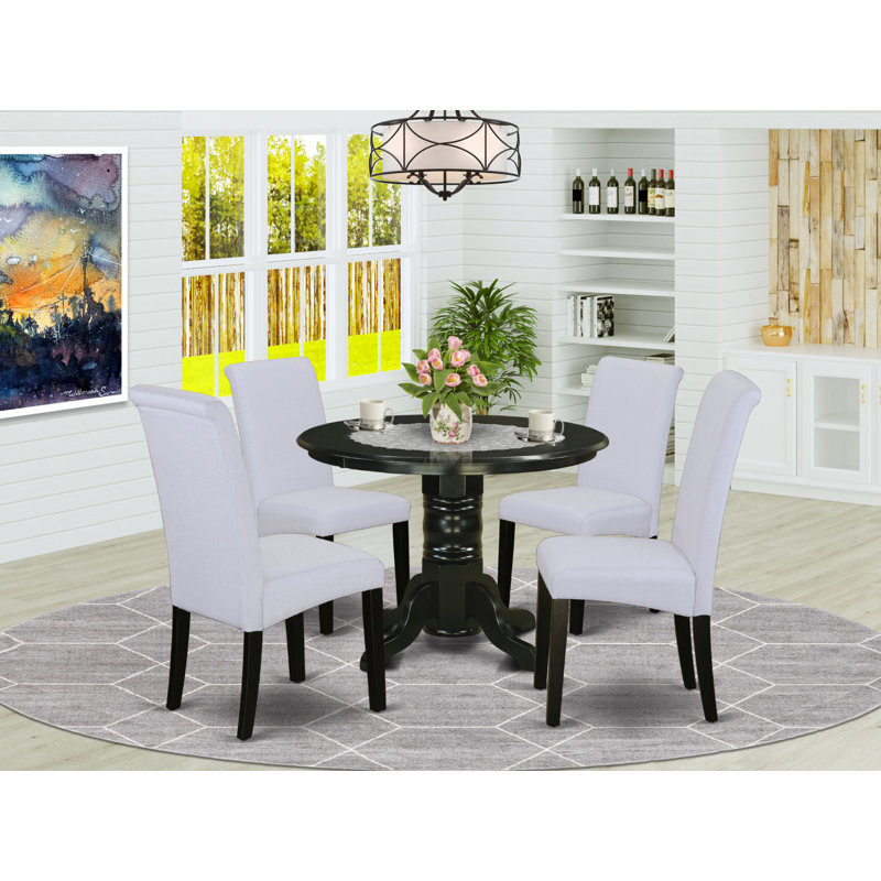 5 Piece Dining Room Furniture Set Includes a Round Kitchen Table with Pedestal and 4 Grey Linen Fabric Parson Dining Chairs, Black