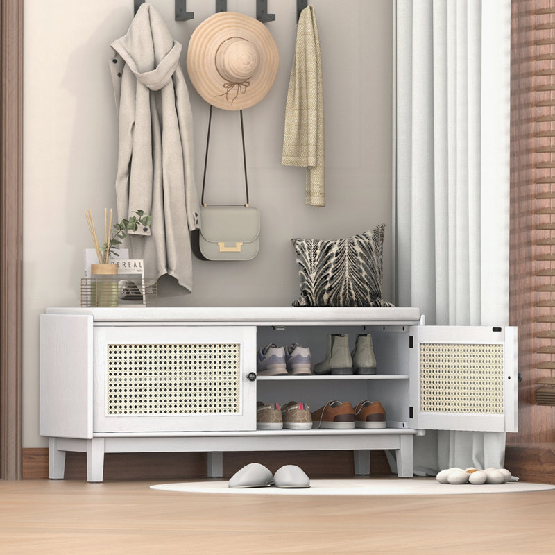 Banc d'entrée en rotin avec rangement Boho, Blanc / beige