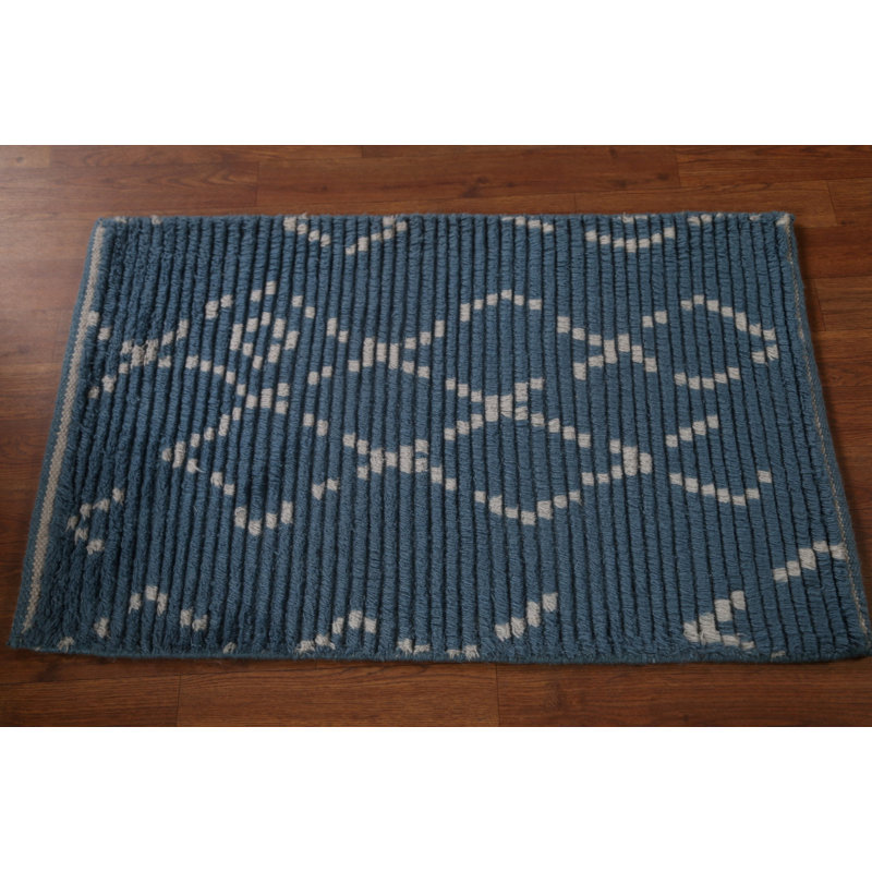 Tapis bleu / blanc en laine noué à la main de conception unique 2 pi x 3 pi New Age