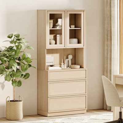 72" Tall Bookshelf with 3 Drawers and Book Shelves, Library Bookcase with Closed Storage Cabinet and Glass Display Shelves, Wooden Book Shelf for Home Office, Living Room