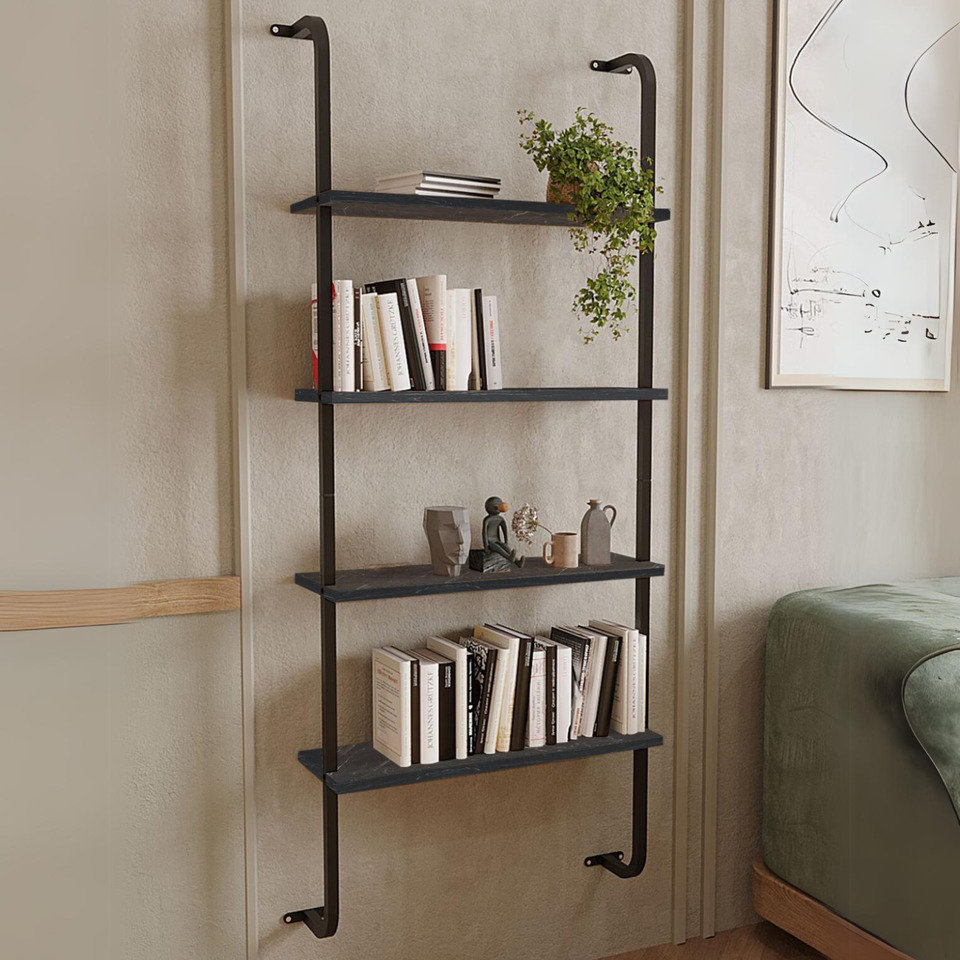 4-Shelf Wall Mounted Wooden Bookshelf With Metal Frame Living Room Display Unit