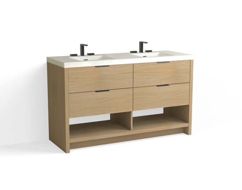 Vue 60" W Freestanding Double Bathroom Vanity, Glossy White/8" Widespread, Matte Black, White Nanomatte