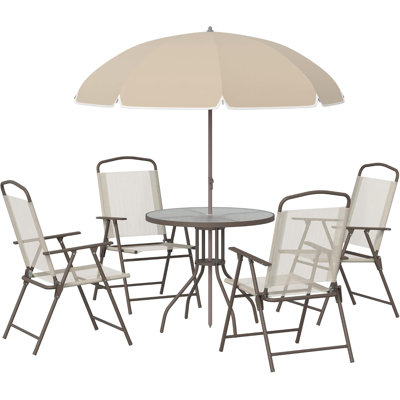 Ensemble repas 6 pièces pour 4 personnes avec parasol | Table et chaises d'extérieur, ensemble de mobilier de patio, 4 chaises de salle à manger pliantes, table ronde en verre,