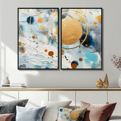 Teal White And Gold Abstract Fight - Abstract Shapes Canvas Wall Art