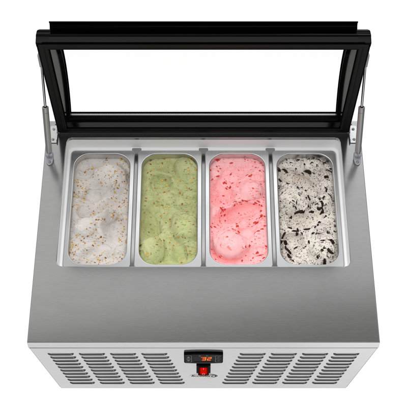 Congélateur de présentation de crème glacée de comptoir à 4 casseroles 32 po avec plateau en verre incurvé en acier inoxydable (km-cgdr-4p)